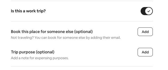 If this is a work trip, several new options will display beneath the toggle in the confirmation form