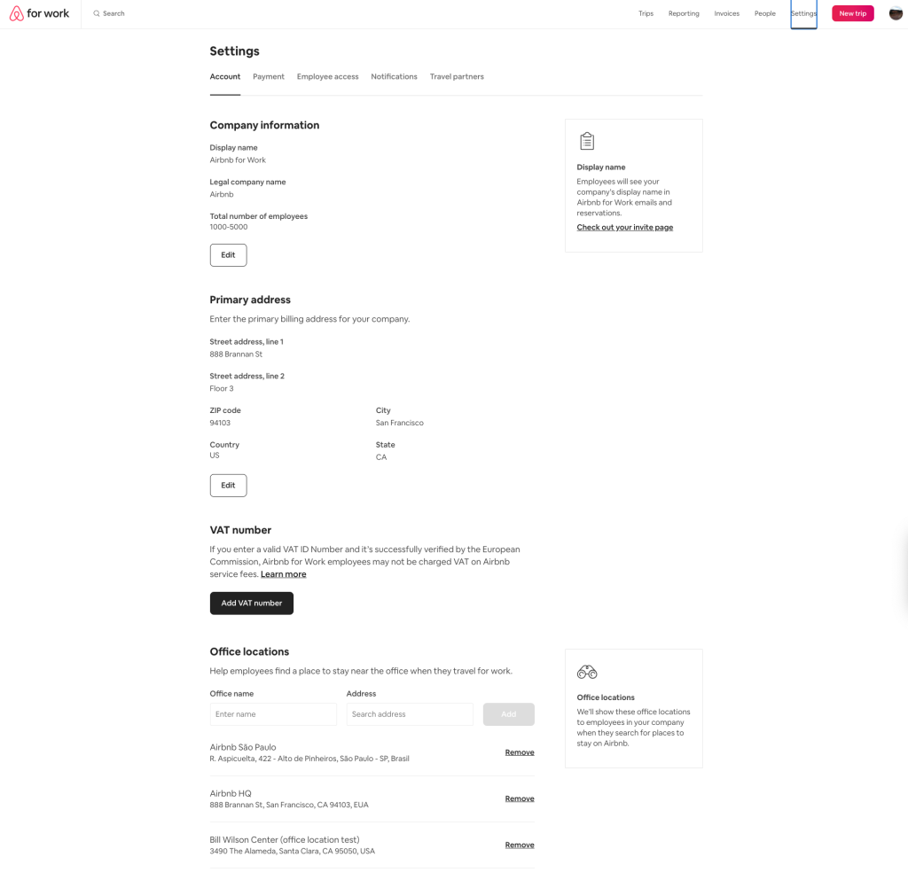 The general settings page which has basic company information and the address for the company, which can be edited.