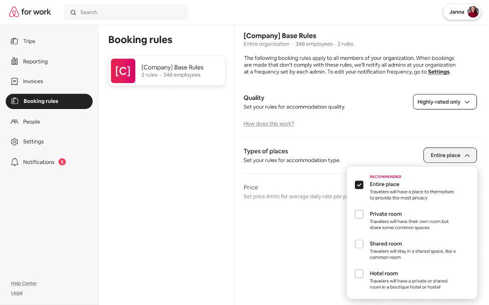 A view of the options for "Type of Places" in the Booking Rules settings