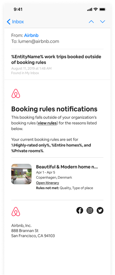 A sample email confirmation when booking rules have been set