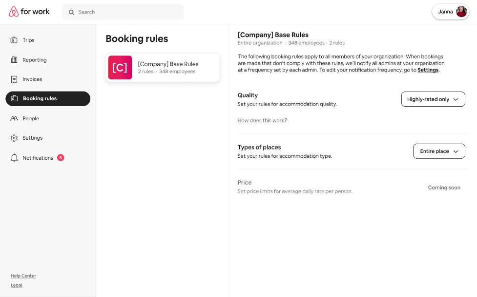 The Booking Rules screen in the Airbnb company dashboard