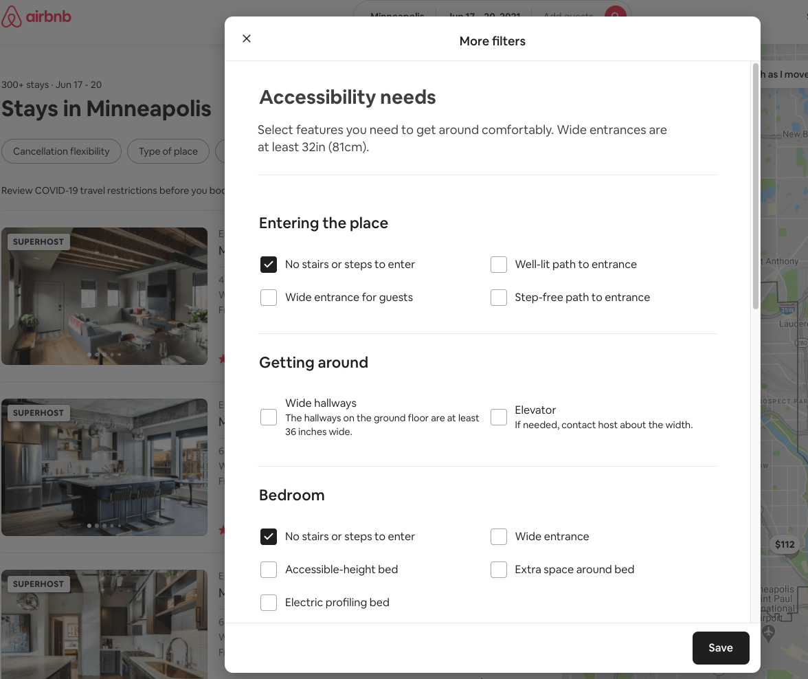 The window that appears when "More Filters" clicked with the "Accessibility" filter highlighted in the image