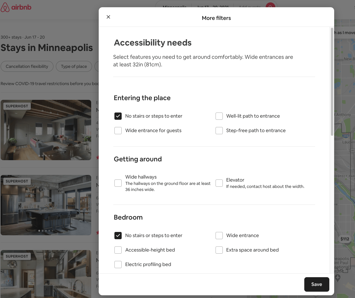 The window that appears when "More Filters" clicked with the "Accessibility" filter highlighted in the image